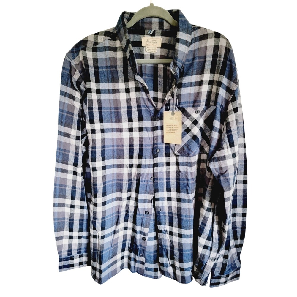 Boston‎ Traders Men's XXL Maple Plaid 100% Cotton Flannel Shirt Blue Gray NWT